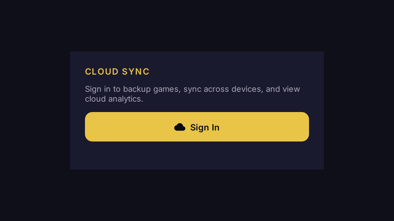 Cloud Sync settings section with the prompt &lsquo;Sign in to backup games, sync across devices, and view cloud analytics&rsquo; above a large Sign In button with a cloud icon.
