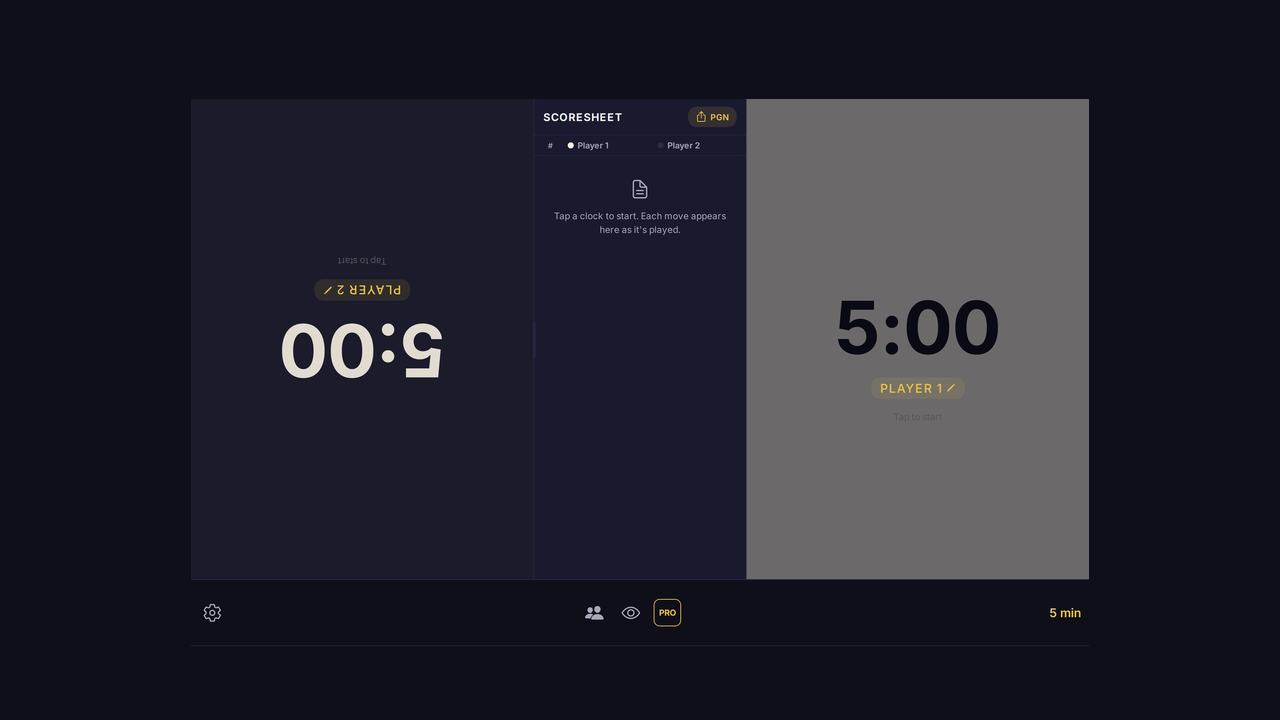 Landscape iPad layout: Player 2's 5:00 clock on the left (rotated 180&deg; for the opposing player), the centre scoresheet column with a PGN export button and the prompt &lsquo;Tap a clock to start. Each move appears here as it&rsquo;s played.&rsquo;, and Player 1's 5:00 clock on the right.