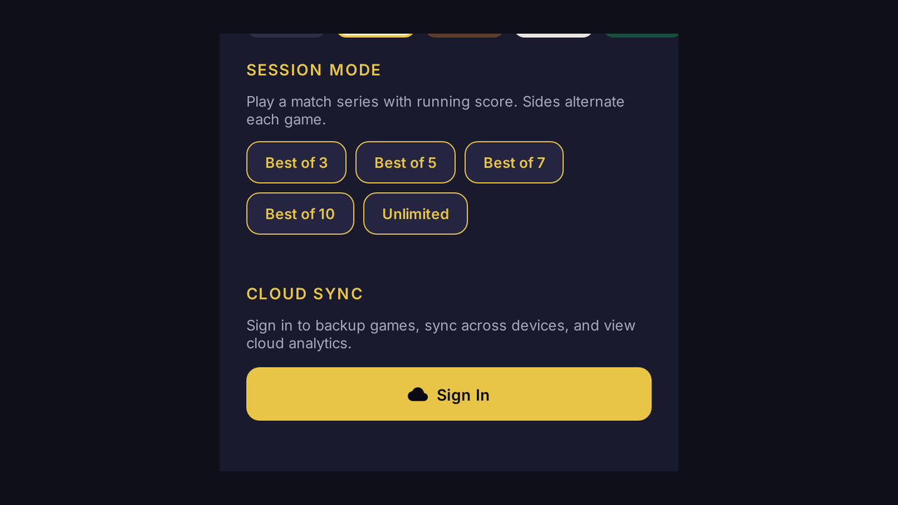 Session Mode settings showing &lsquo;Play a match series with running score. Sides alternate each game.&rsquo; and length options Best of 3, 5, 7, 10 and Unlimited. Cloud Sync section follows below.
