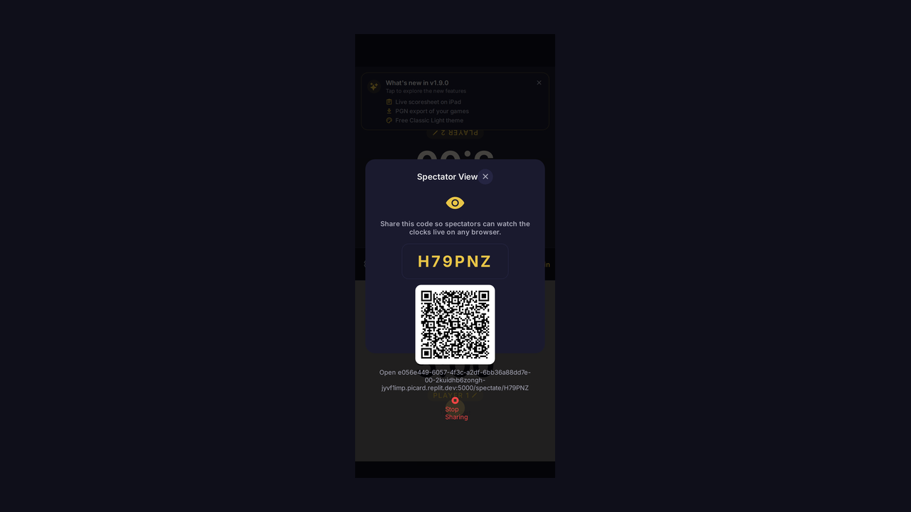 Spectator View modal on the live game screen with a six-character share code (H79PNZ), instructional copy, a QR code, the full open-link URL beneath, and a Stop Sharing button.